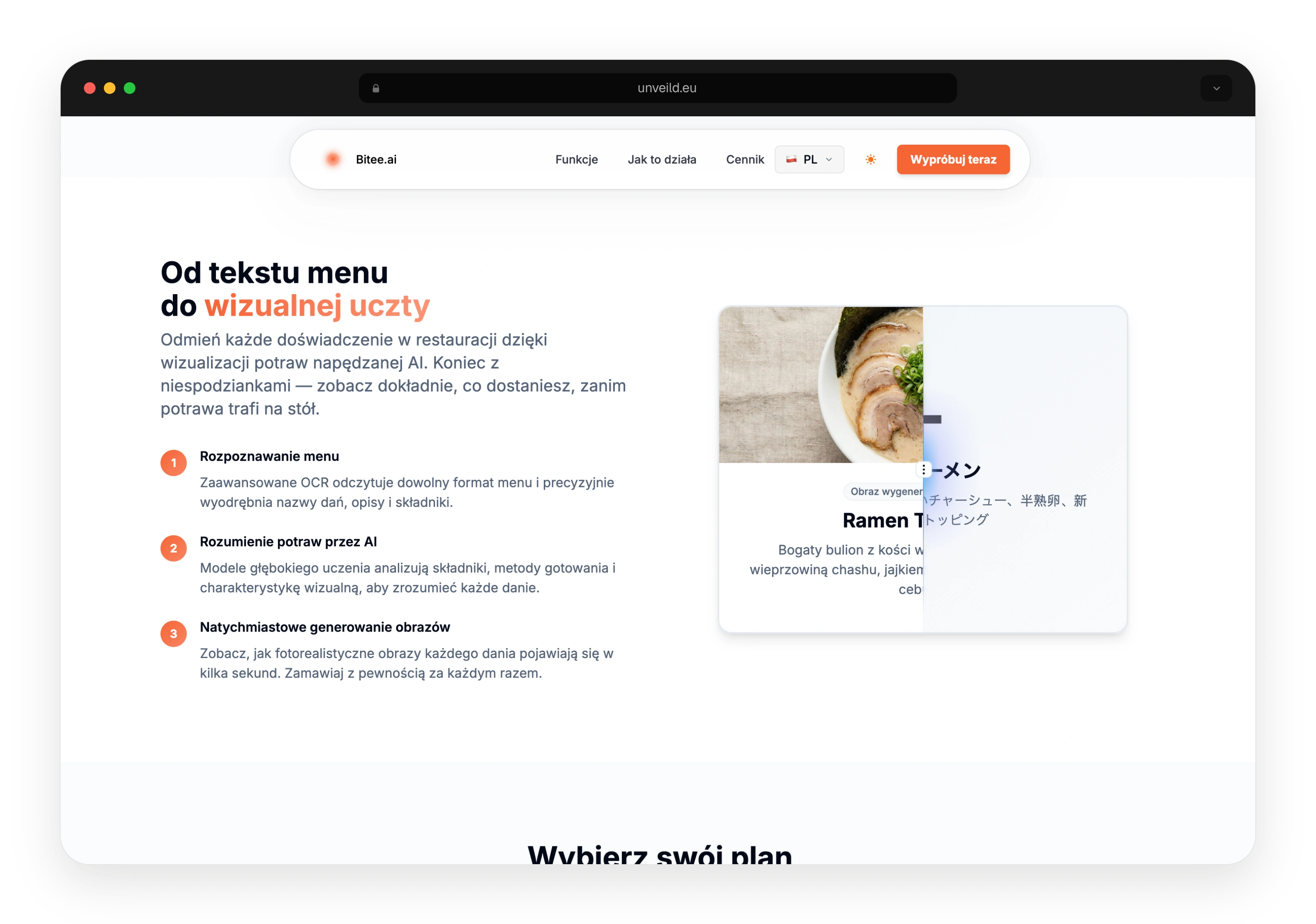 Bitee.ai restaurant menu visualization website